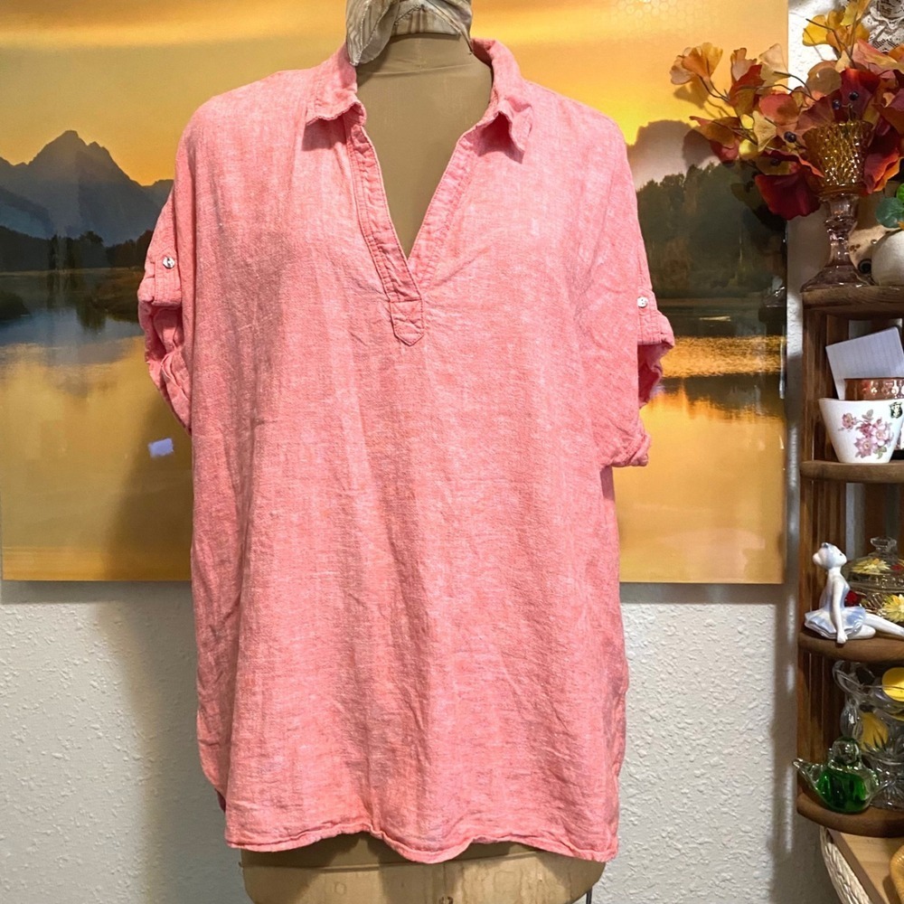 Tahari Tunic Top Coastal Grandma Linen Blend Women 1X Short Sleeve Coral Pink